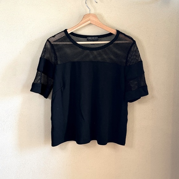 Forever 21 Plus Size Black Mesh Stripes Short Sleeve Crop Top US 1X 90s Grunge - Picture 1 of 6